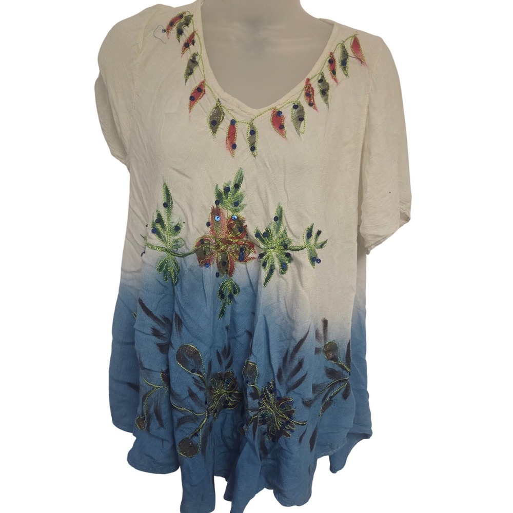 Sunflower Women Blue White Ombre Embroidered Sequin V-Neck Tunic Top Free Size